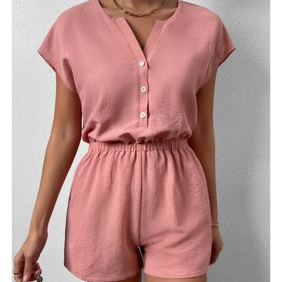 Coral Pink Boho Womens Button Front Batwing Sleeve Half Button Romper - Picture 7 of 7